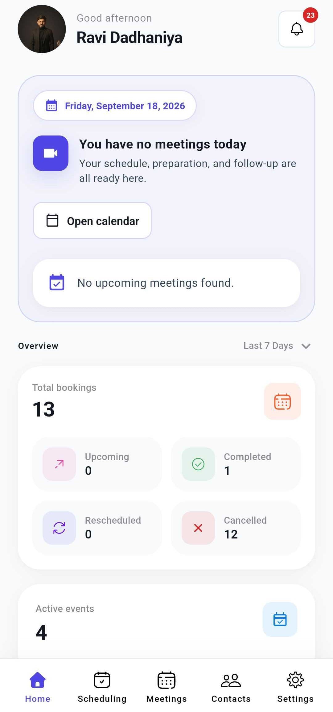 The Caletus app home screen, showing today's schedule and a booking overview